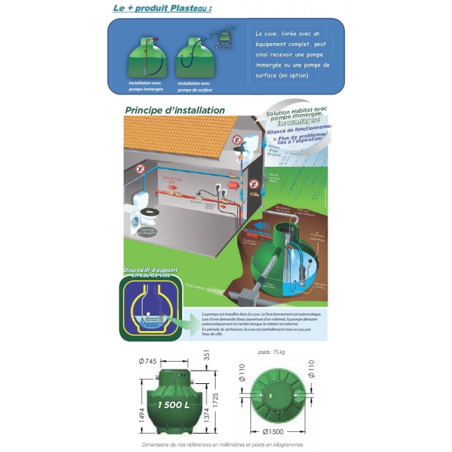 Cuve récupération eau de pluie équipée Ecociter 1500 L Plasteau