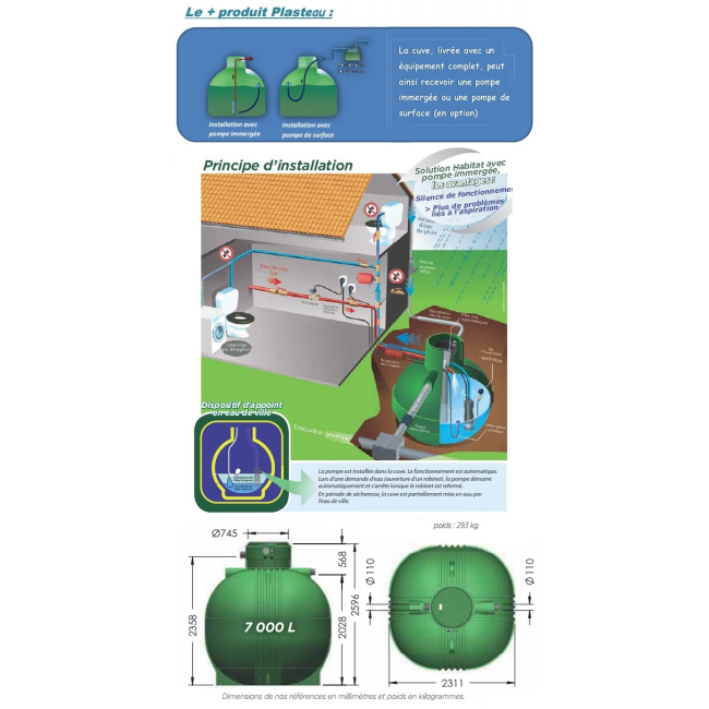 Cuve récupération eau de pluie équipée Ecociter 7000 L Plasteau