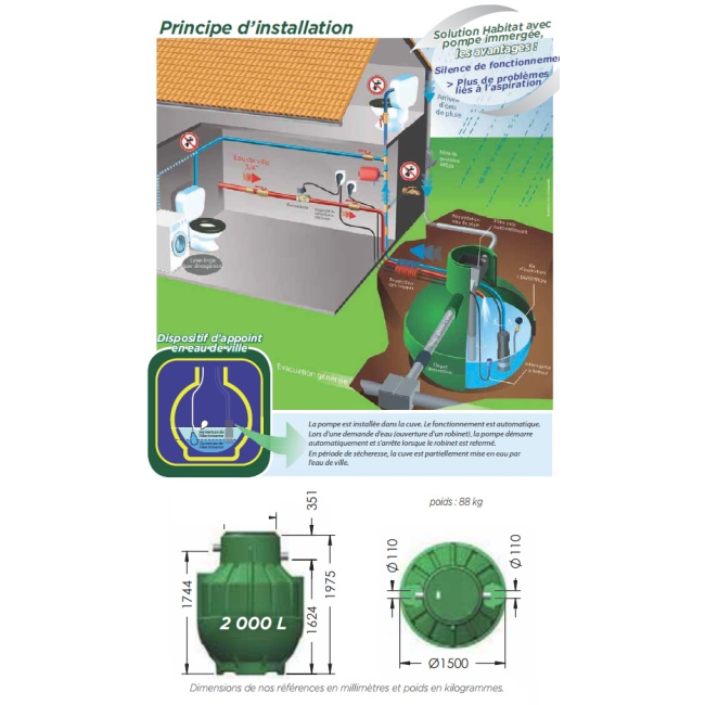 Cuve récupération eau de pluie Ecobase 2000L Plasteau