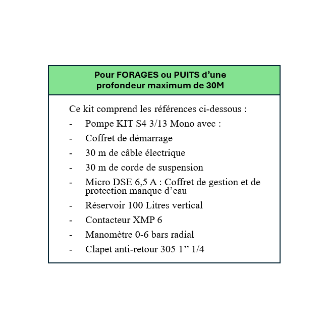 Kit de pompage pour forage - profondeur maxi 30m