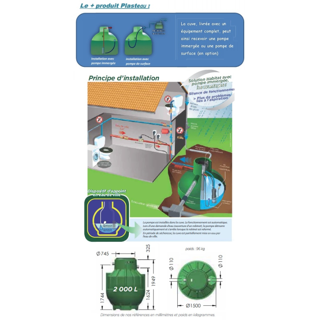 Cuve récupération eau de pluie équipée Ecociter 2000 L Plasteau