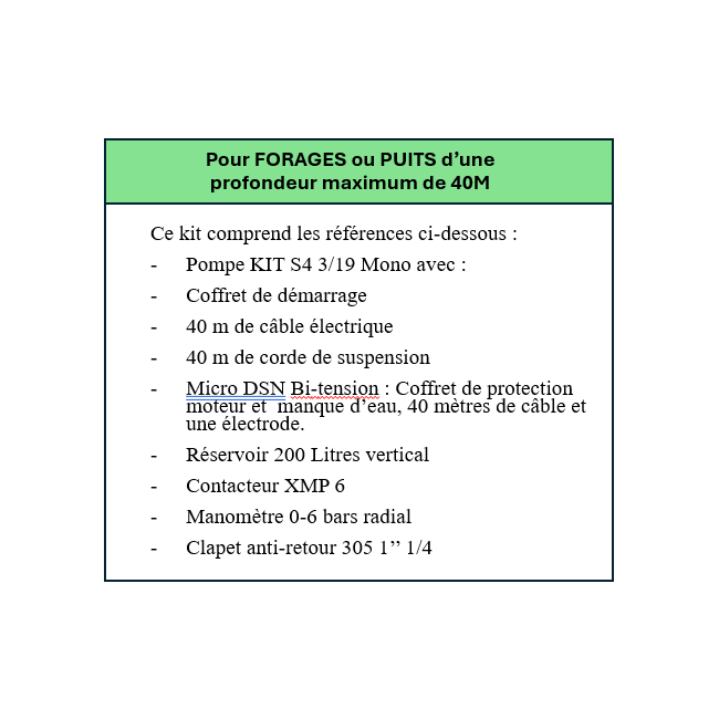 Kit de pompage pour forage - profondeur maxi 40m