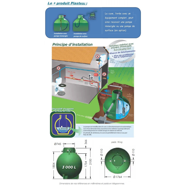 Cuve récupération eau de pluie équipée Ecociter 3000 L Plasteau