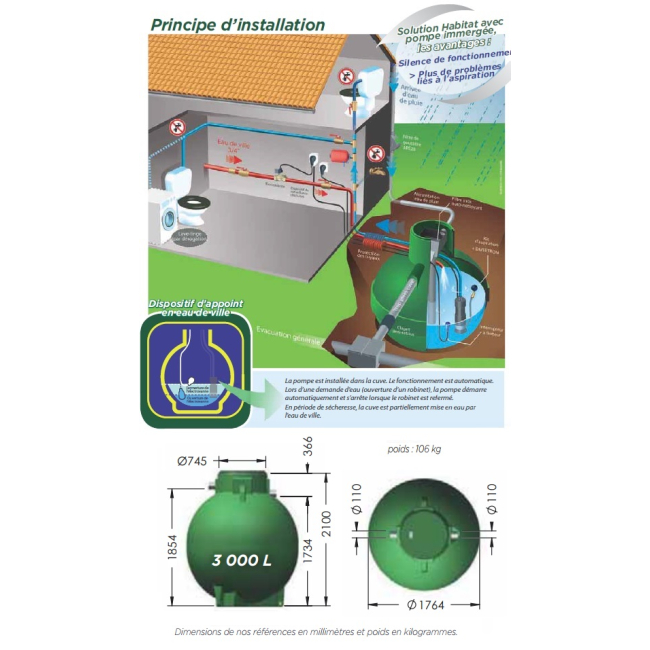 Cuve récupération eau de pluie Ecobase 3000L Plasteau