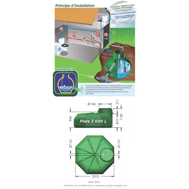 Cuve plate récupération eau de pluie Ecobase 3000L Plasteau