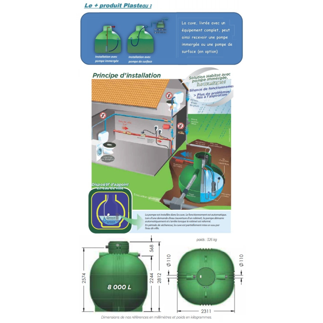 Cuve récupération eau de pluie équipée Ecociter 8000 L Plasteau