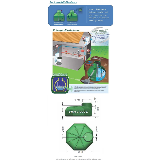 Cuve plate équipée récupération eau de pluie Ecociter 3000L Plasteau